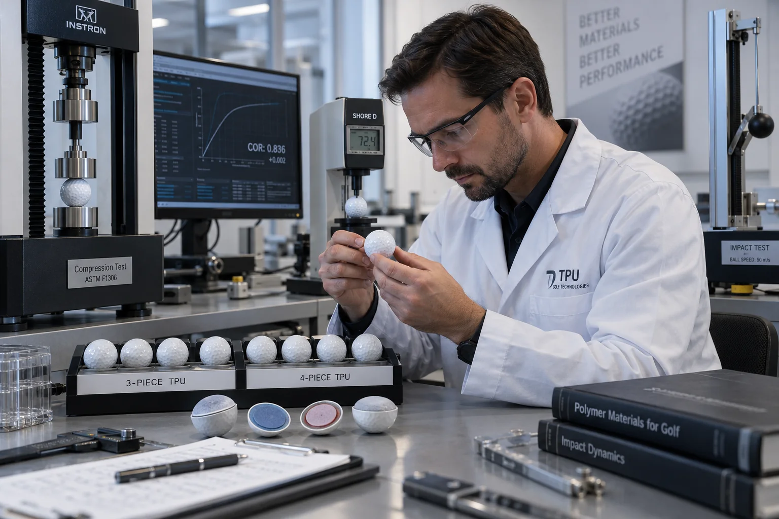 OEM Golf Balls Quality Control OEM golf balls undergoing compression and impact testing in manufacturer quality control laboratory