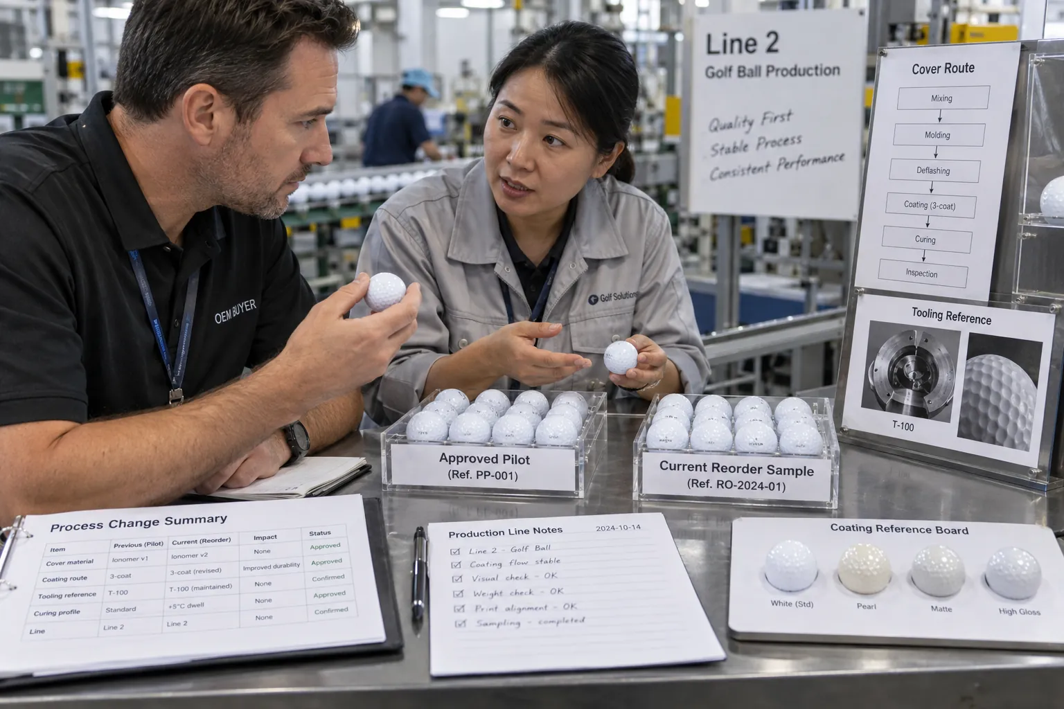 OEM Golf Ball Production OEM golf balls compared with pilot samples during manufacturer production quality control