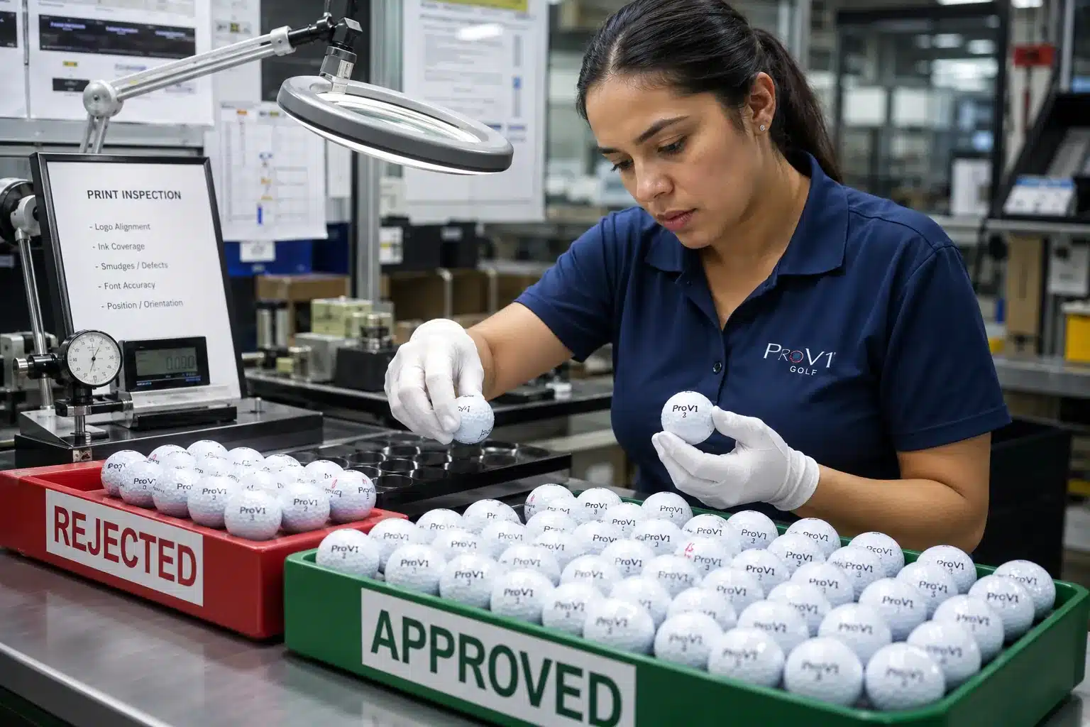 OEM Golf Balls Quality Control printed golf balls undergoing factory quality control inspection for OEM manufacturer orders