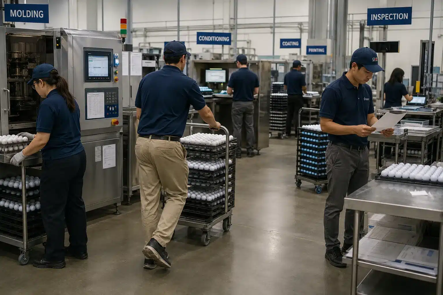 Golf Balls Factory Inspection golf balls moving through manufacturer factory production with coating, printing, and quality control