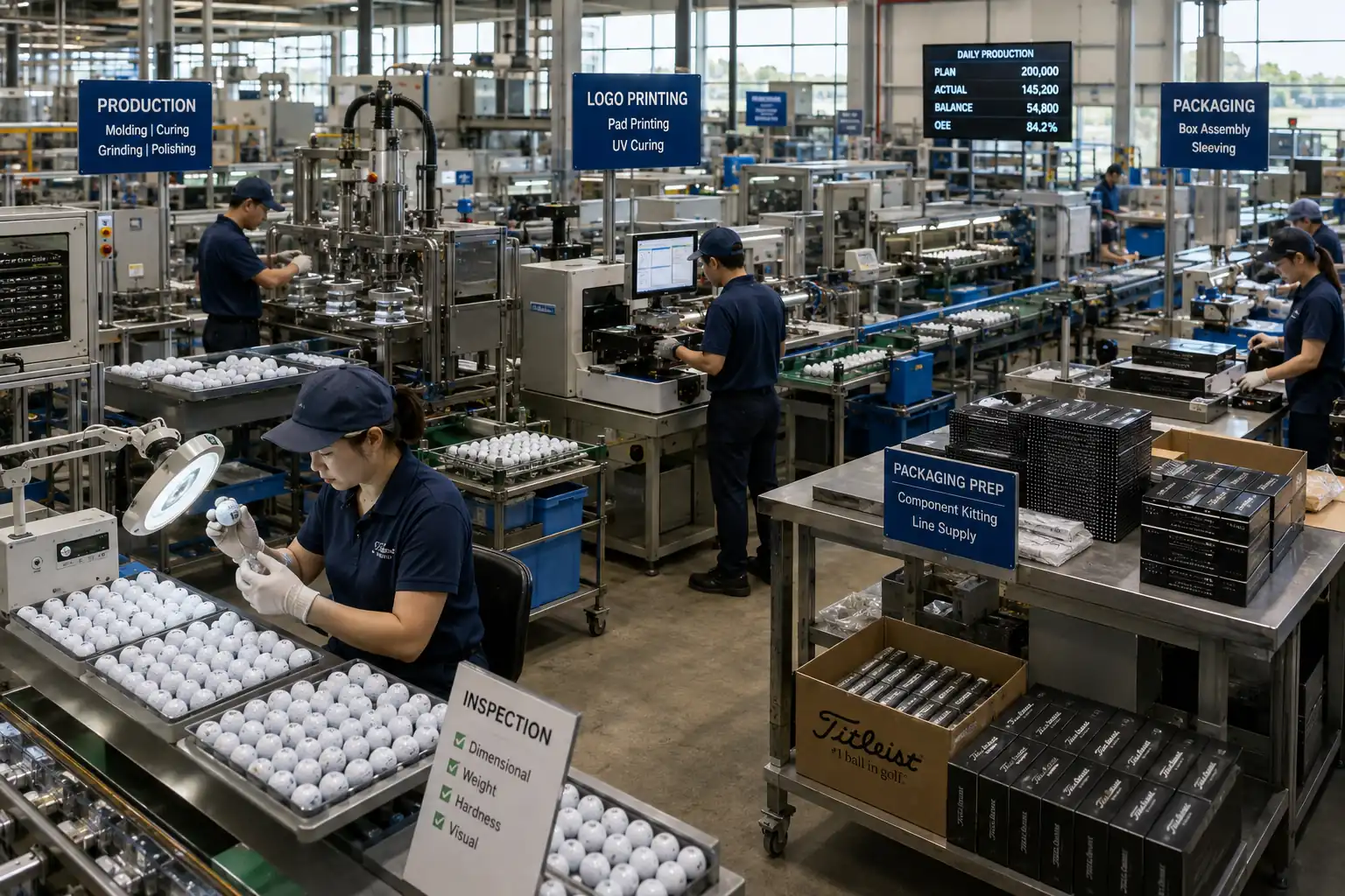 OEM Golf Balls Manufacturer OEM golf balls on manufacturer production line with logo printing, packaging, and quality control