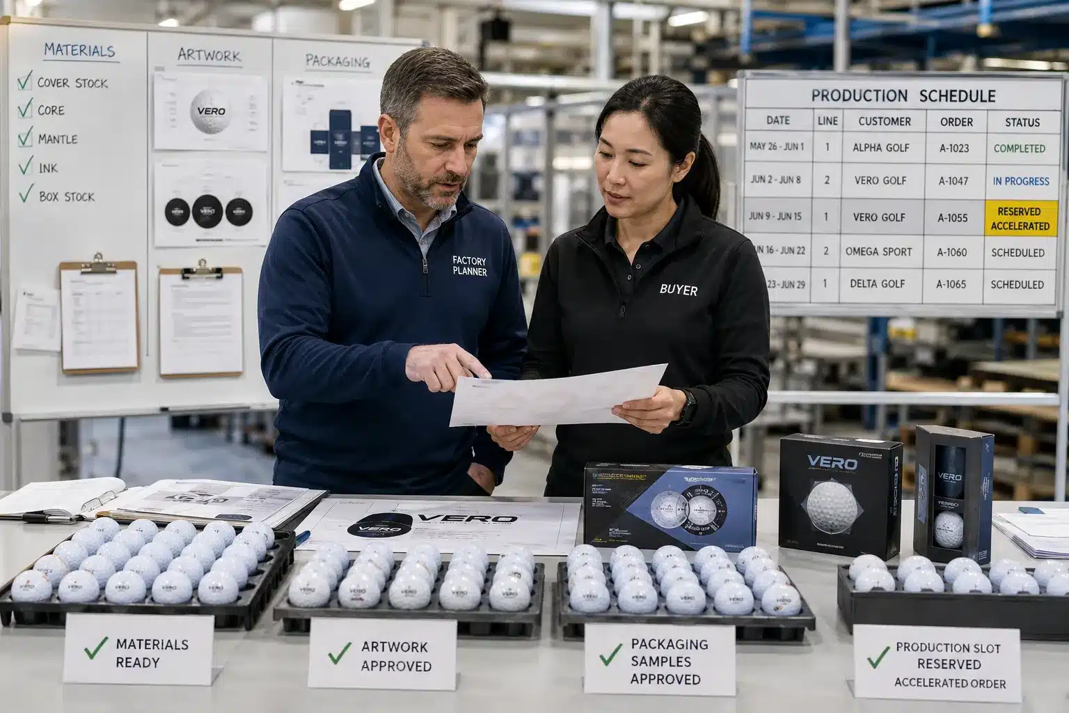 OEM Golf Balls Production OEM golf balls reviewed by buyer and factory planner for custom bulk production scheduling