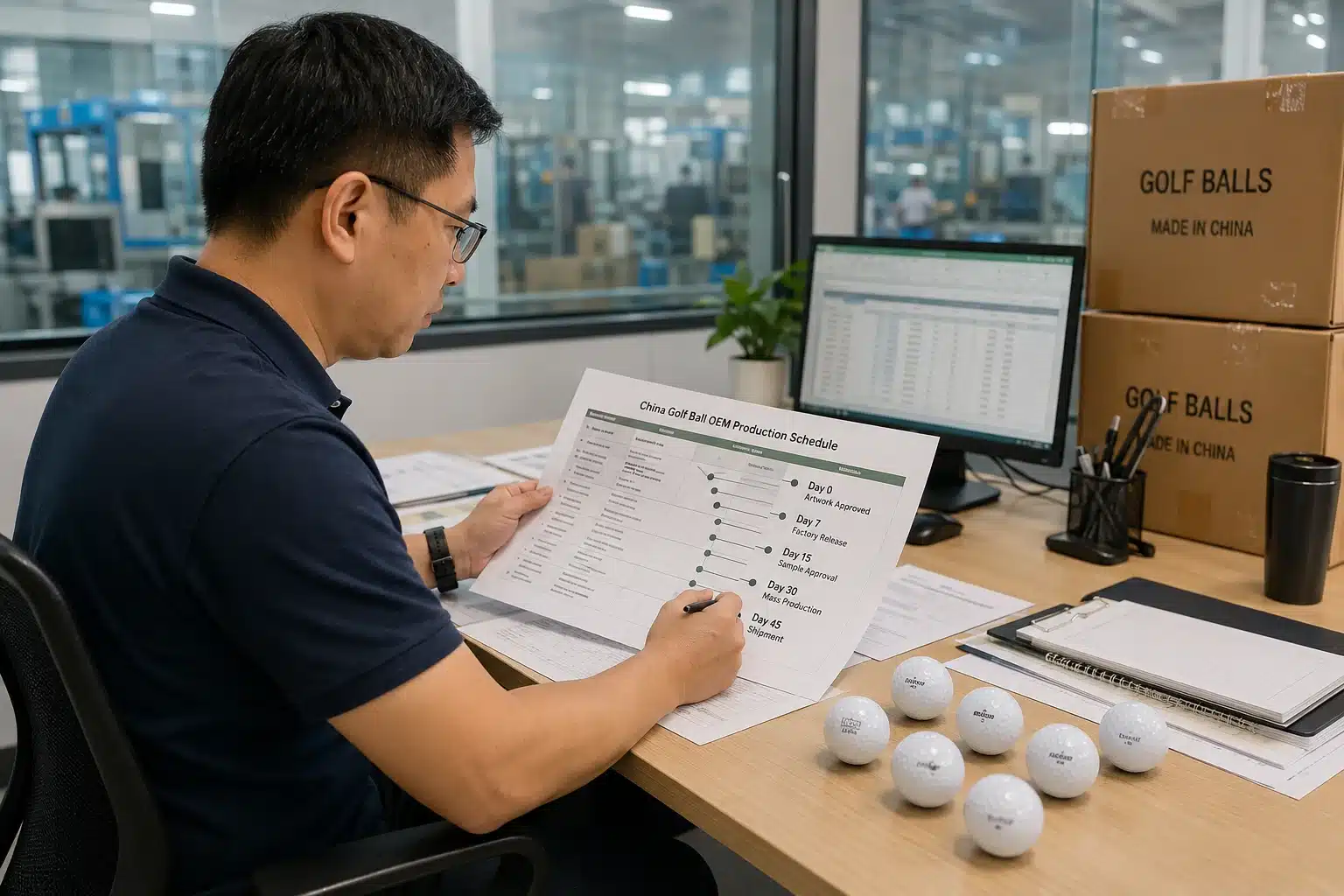 OEM Golf Balls Production OEM golf balls production schedule reviewed at China manufacturer office for export orders