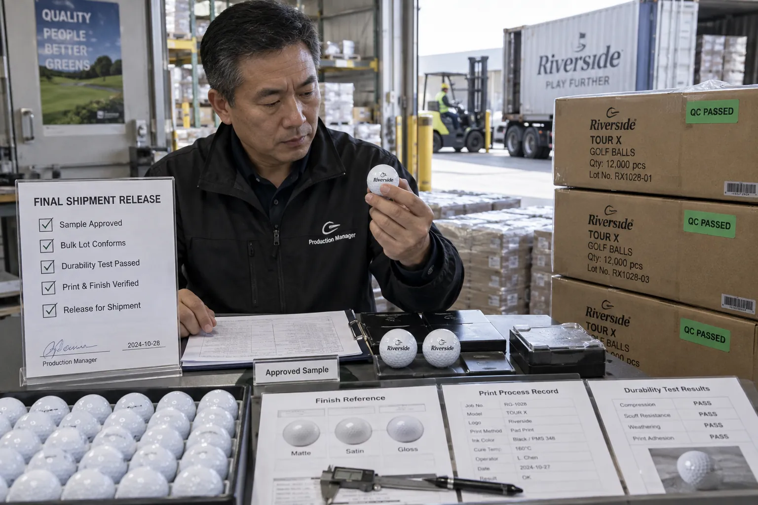 Branded Golf Balls Export Branded golf balls inspected for quality control before bulk export shipment at factory