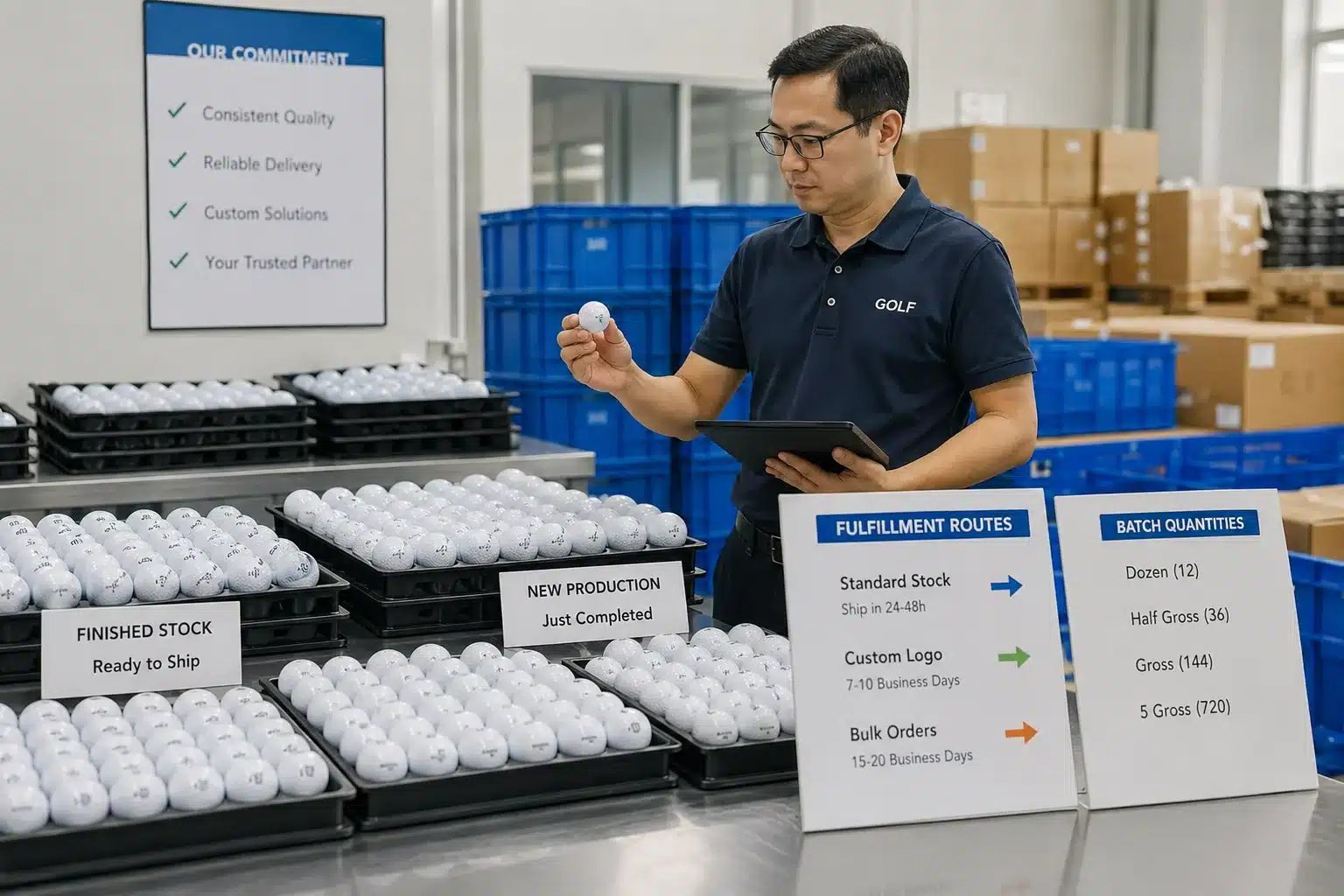 Golf Balls Quality Control golf balls undergoing factory quality control for bulk orders