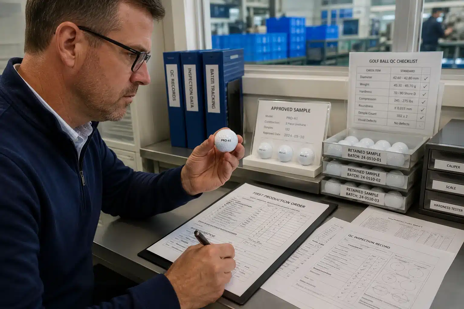 OEM Golf Balls Quality Control OEM golf balls inspected during manufacturer quality control with retained batch samples