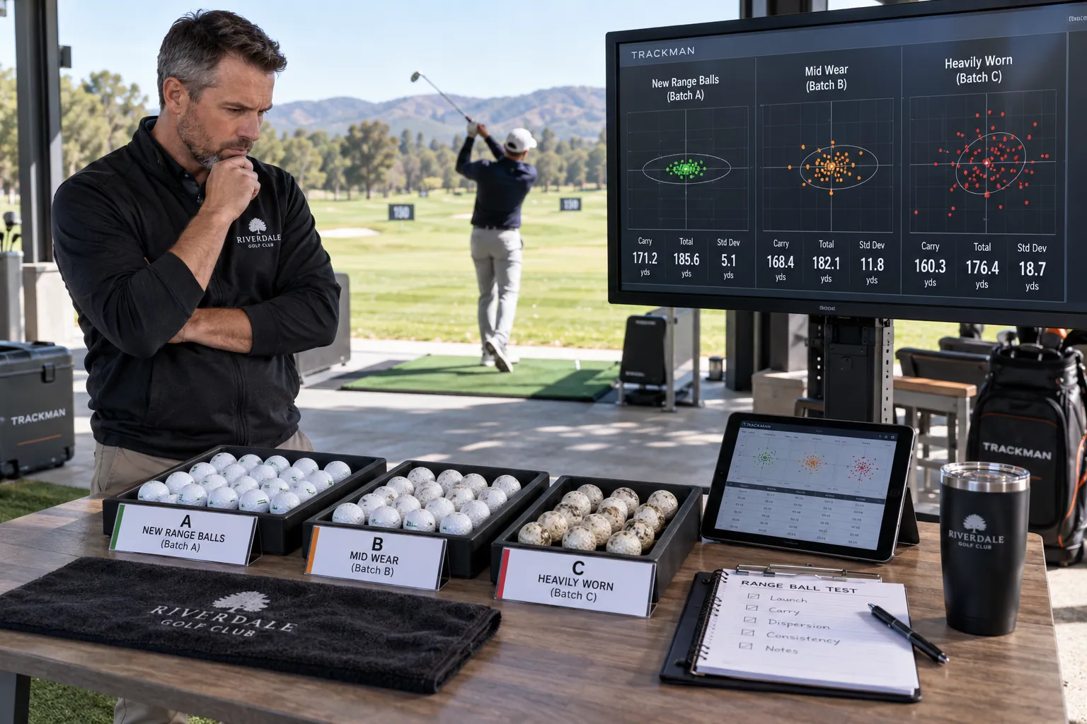 Range Golf Balls Quality Control Range golf balls undergo quality control testing for golf training with performance wear analysis
