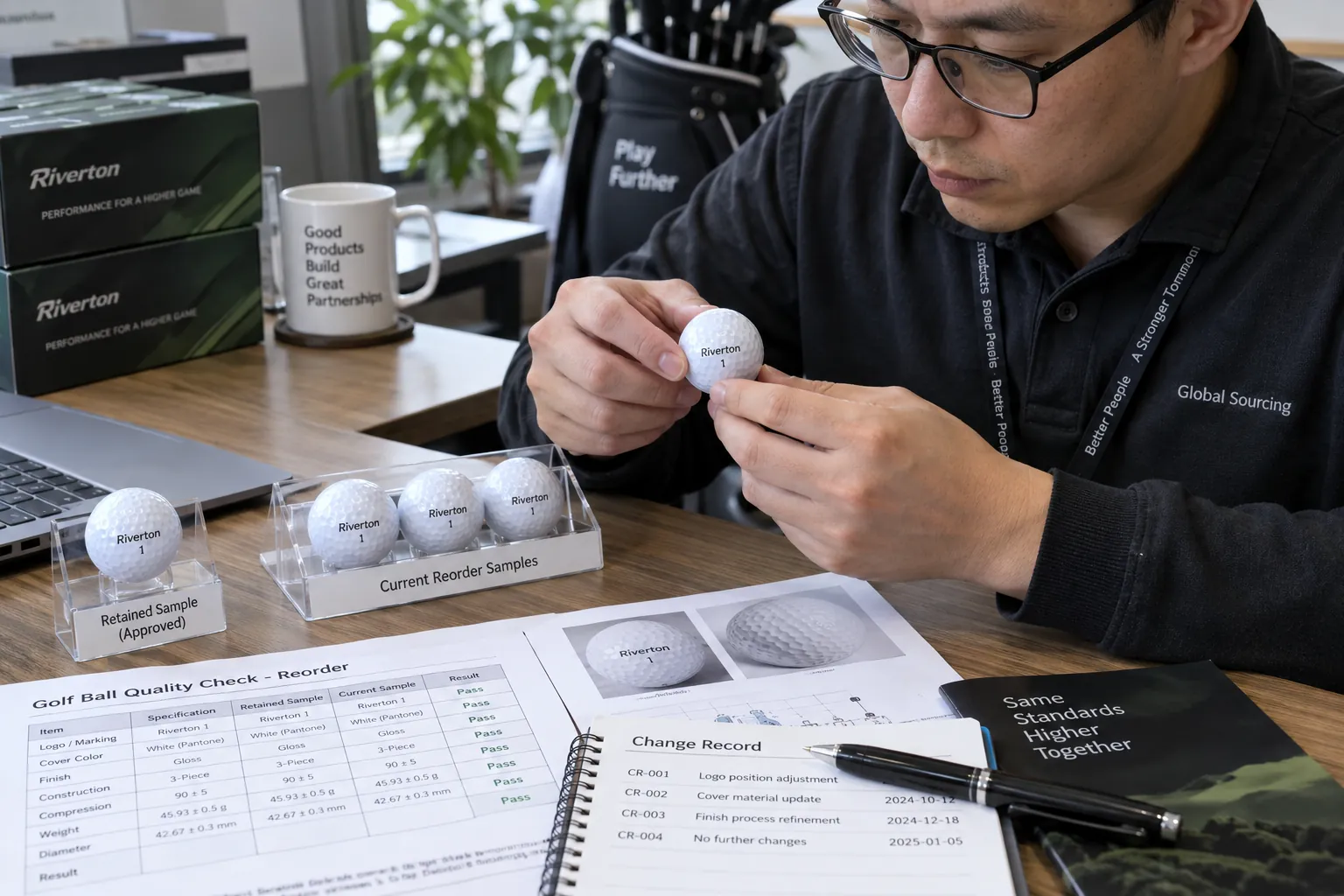 OEM Golf Balls Quality Control OEM golf balls compared with retained samples during reorder quality control for wholesale sourcing