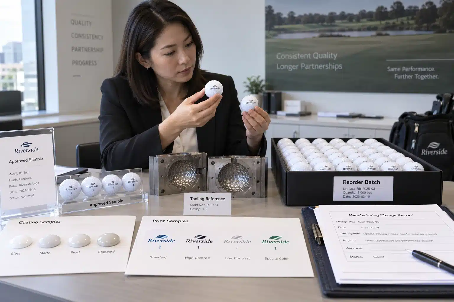 Custom Golf Balls OEM Review custom golf balls compared with approved sample and tooling during OEM quality control review