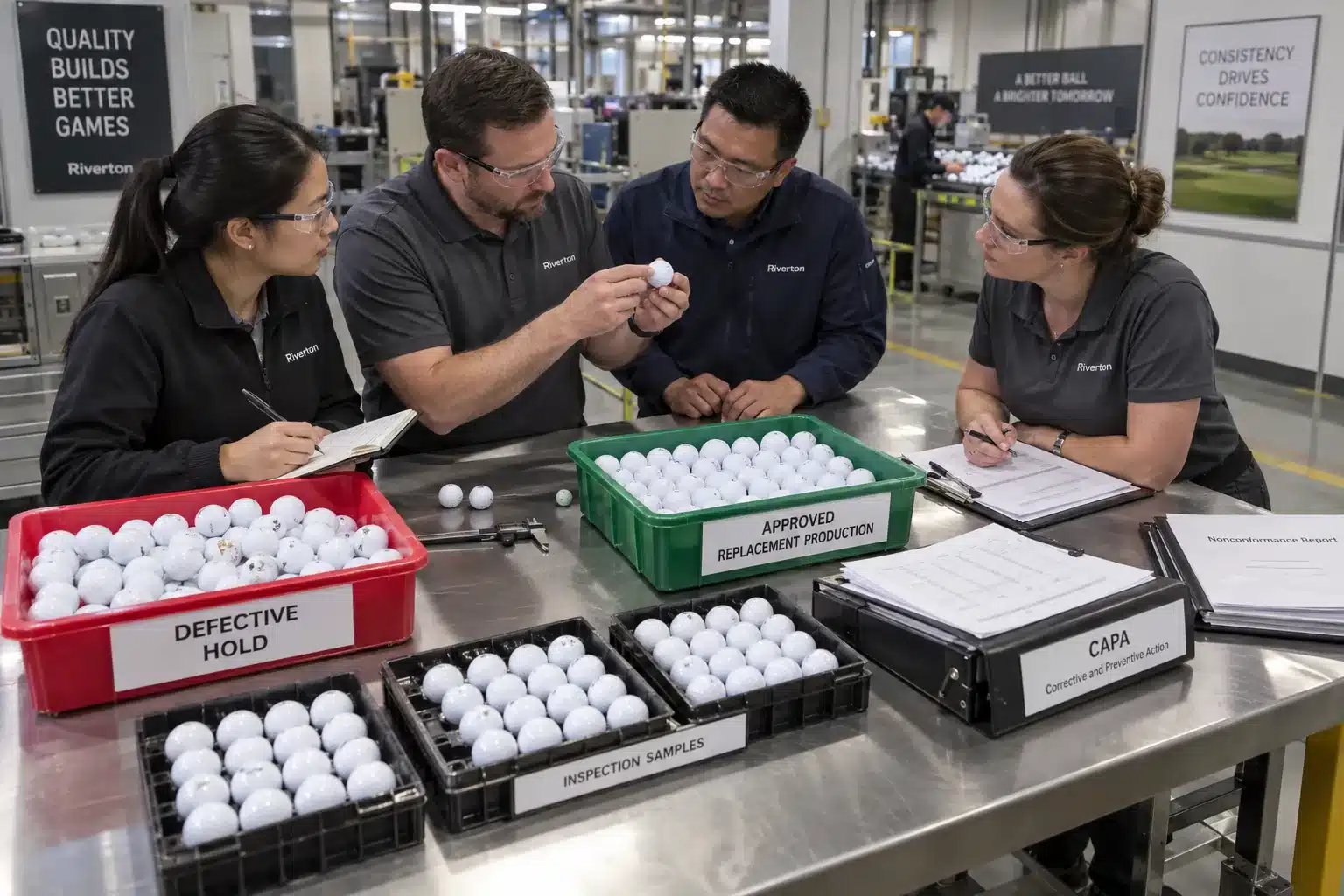 Golf Balls Factory Quality Control golf balls inspected during factory quality control with approved replacement production