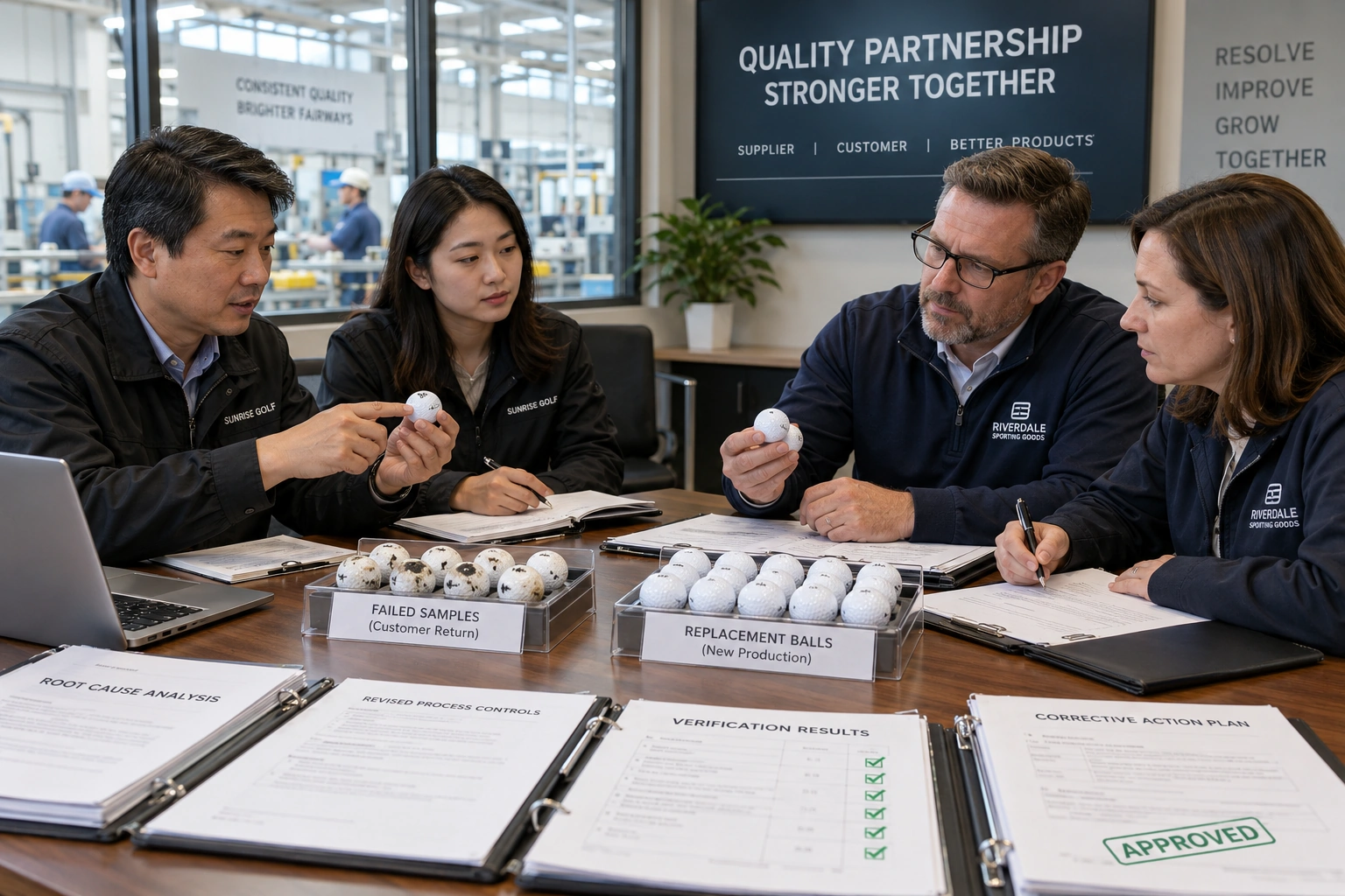 Golf Balls Quality Control Replacement golf balls reviewed by supplier and buyer teams during manufacturer quality control meeting