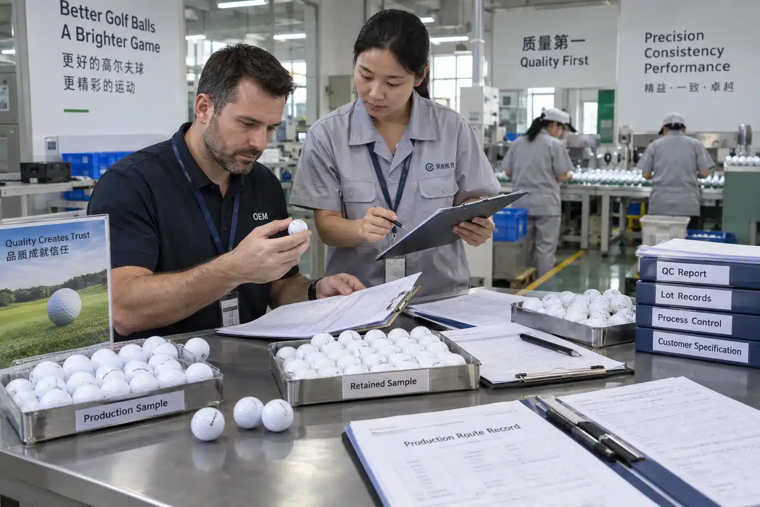 OEM Golf Balls Quality Control OEM golf balls inspected in factory quality control with retained production samples