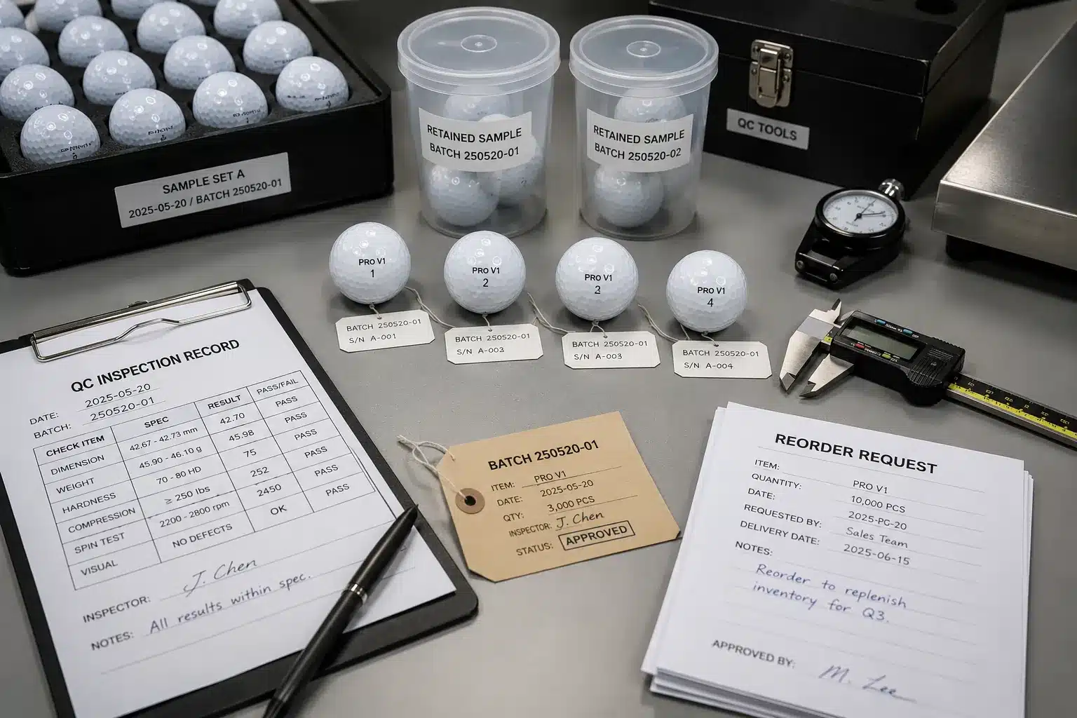 Golf Balls Bulk Quality Control golf balls with retained samples and quality control records for bulk reorder inspection