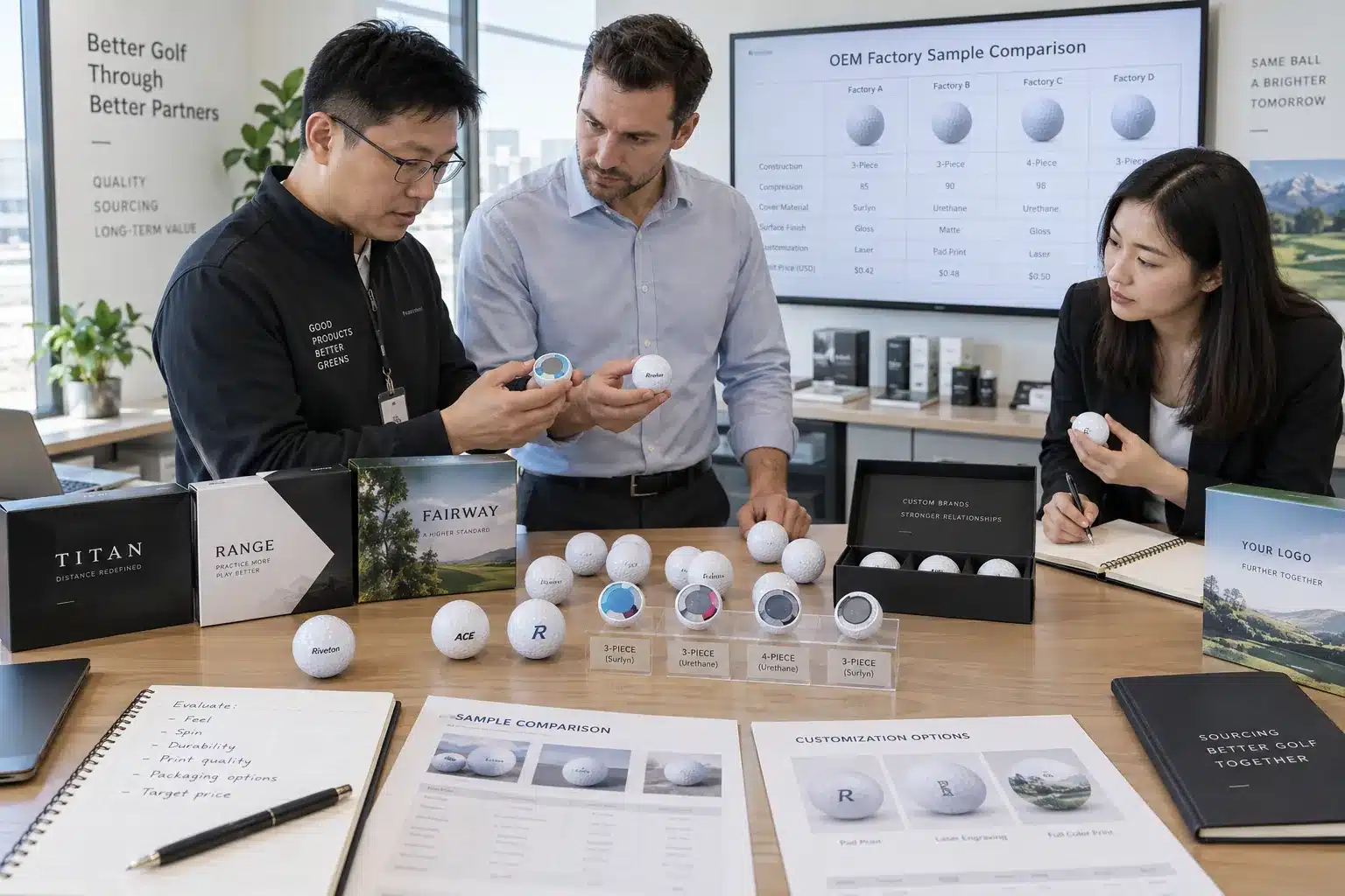 Custom Golf Balls OEM Review OEM golf balls compared with custom samples and packaging during manufacturer sourcing review