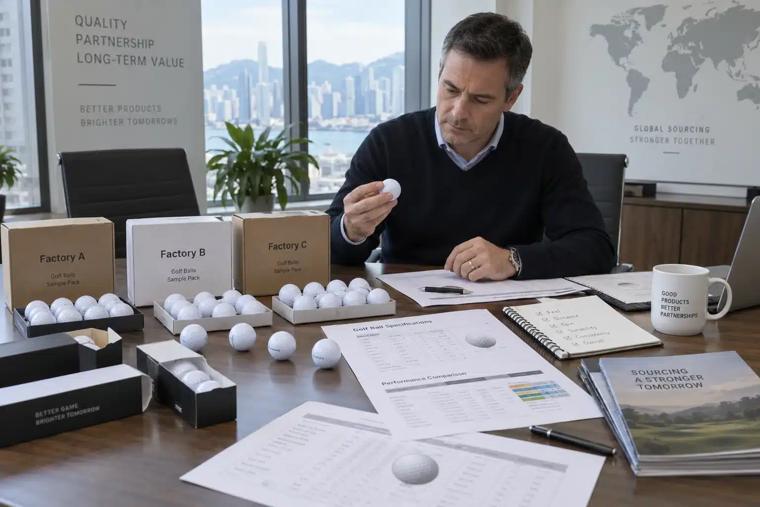 OEM Golf Balls Sourcing OEM golf balls compared across manufacturer samples during quality control sourcing review