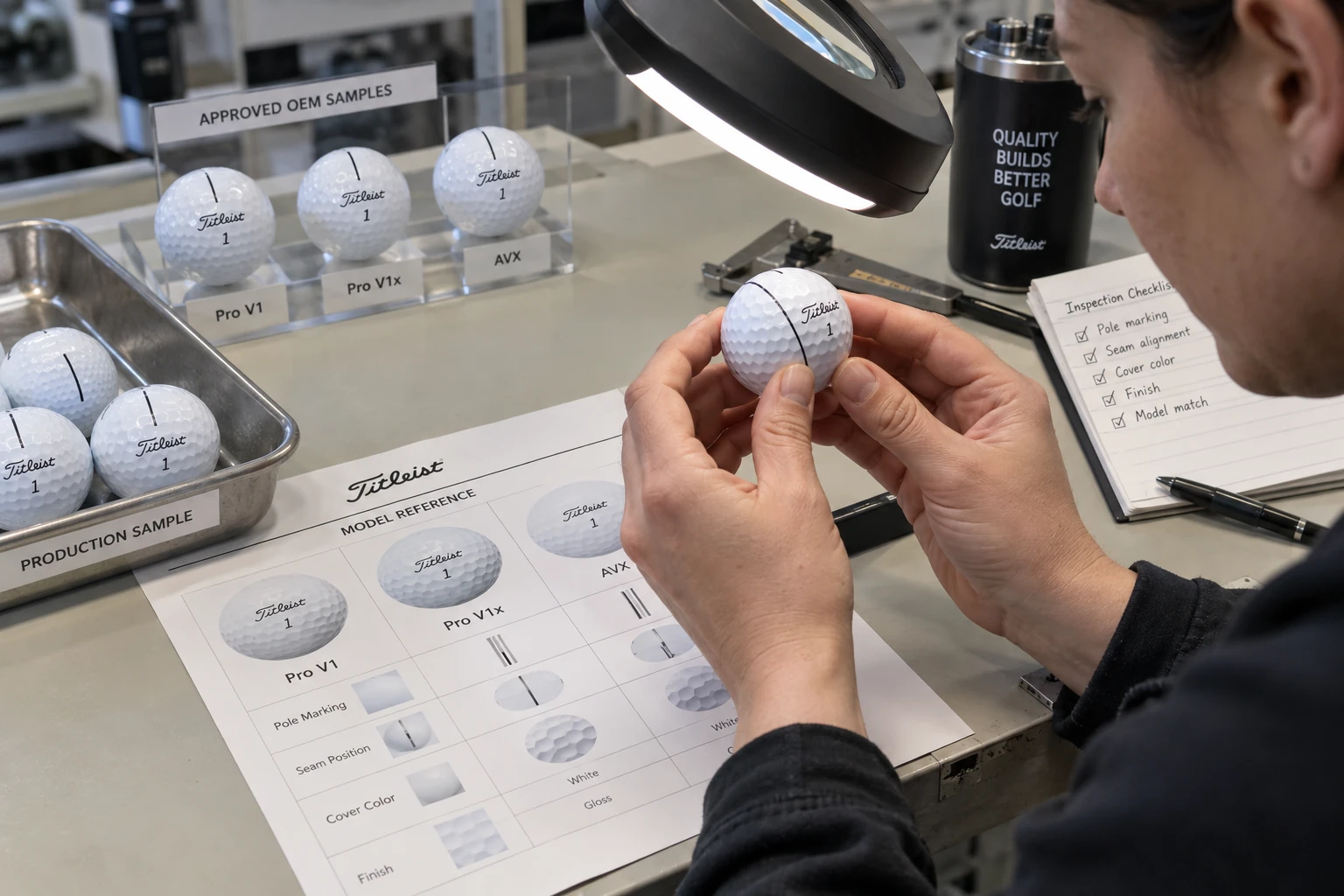 OEM Golf Balls Quality Control OEM golf balls inspected against approved samples during factory quality control