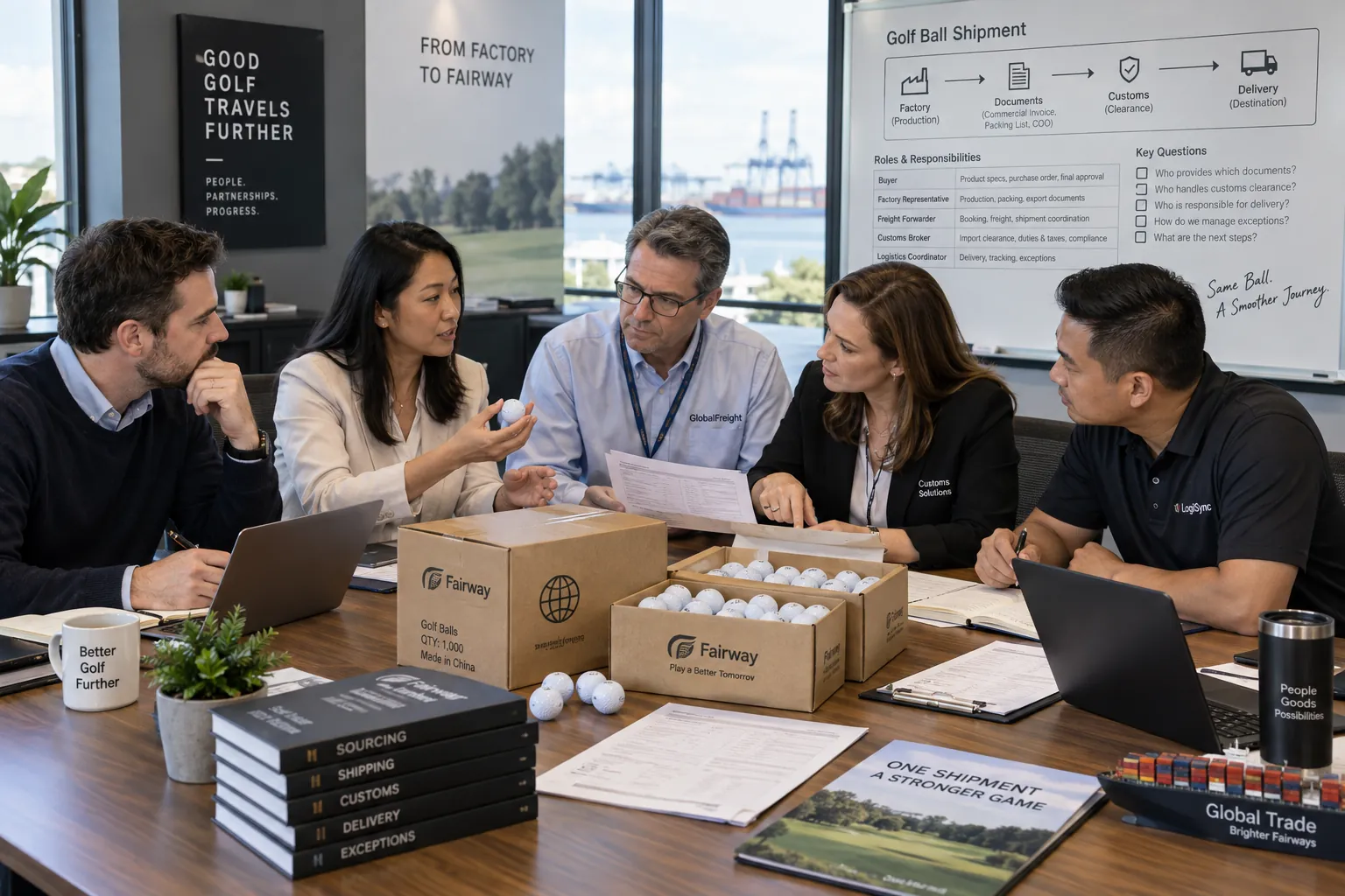 Golf Balls Export Coordination bulk golf balls reviewed in export shipment meeting with customs and delivery documents