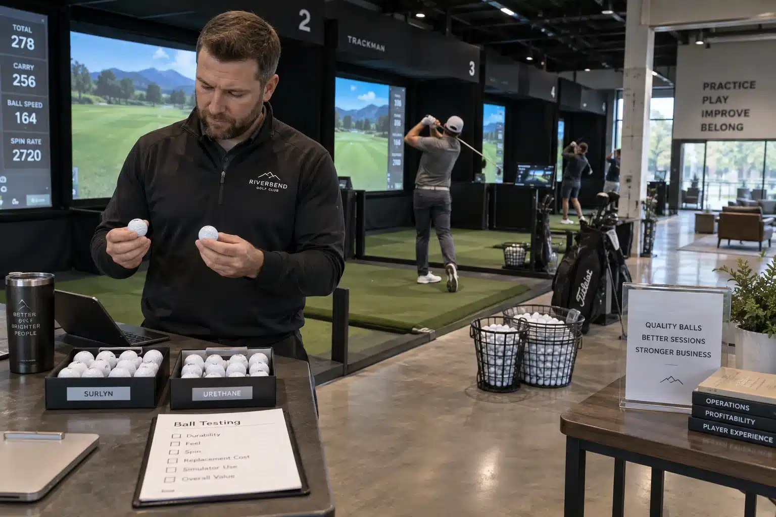 Golf Balls Bulk Training golf balls compared for quality control and bulk golf training at indoor simulator facility