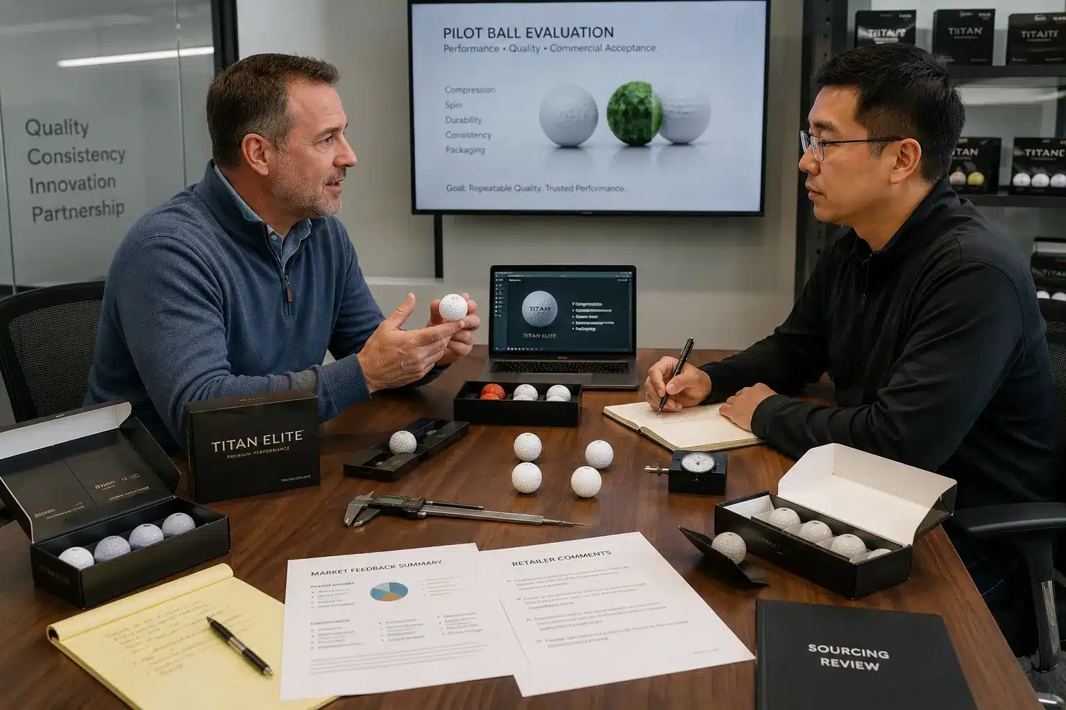 OEM Golf Balls Sourcing Review OEM golf balls reviewed in sourcing meeting for quality control and B2B buyers