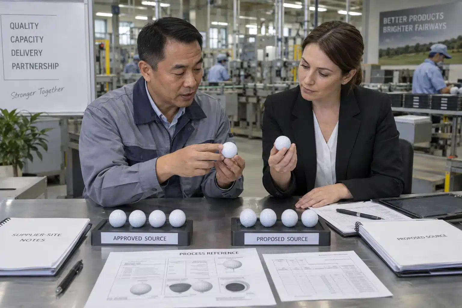 Golf Balls Manufacturer Comparison golf balls compared at factory for supplier quality control and manufacturer sourcing