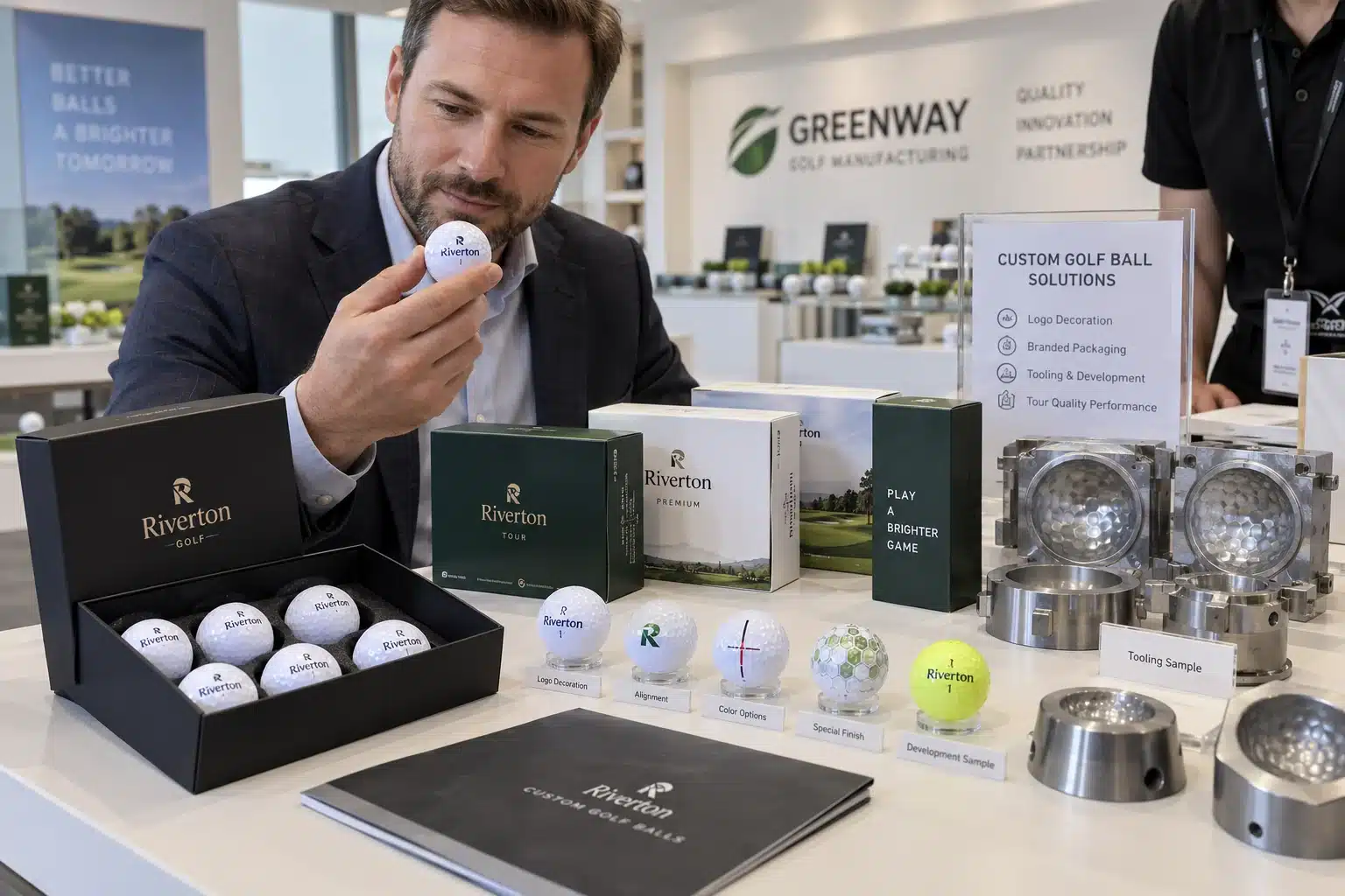 Custom Golf Balls OEM custom golf balls displayed with packaging and OEM tooling samples at manufacturer showroom