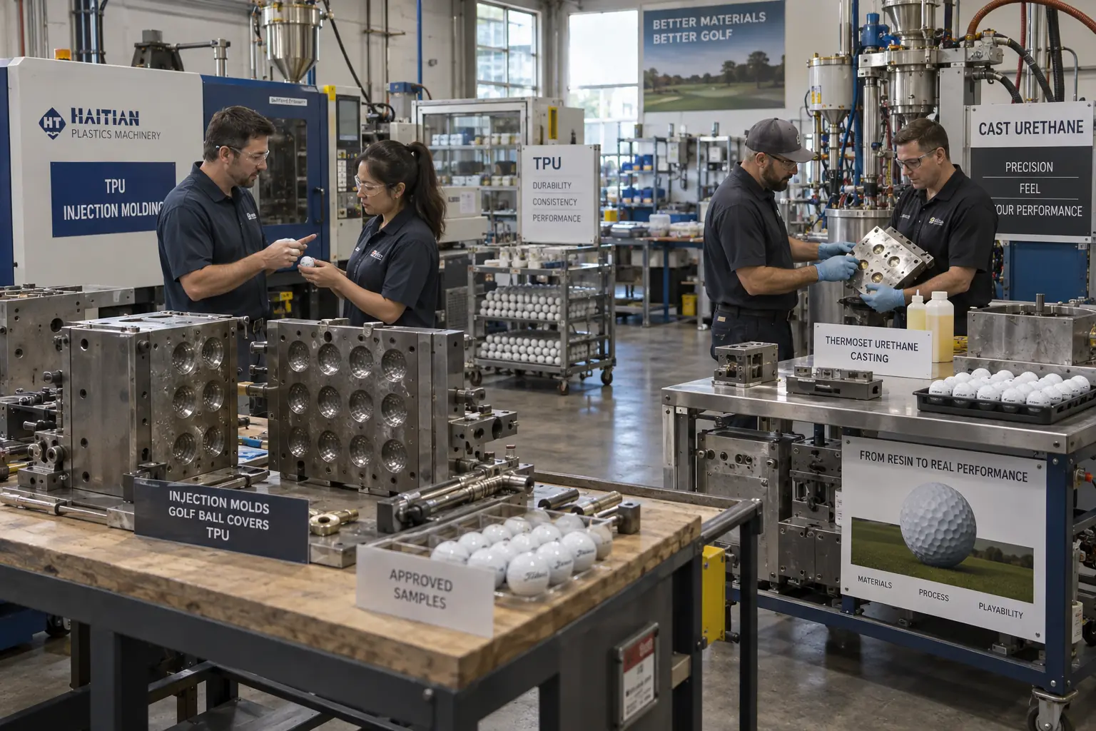 OEM Golf Balls Manufacturing OEM golf balls manufactured with TPU injection molding and cast urethane at factory