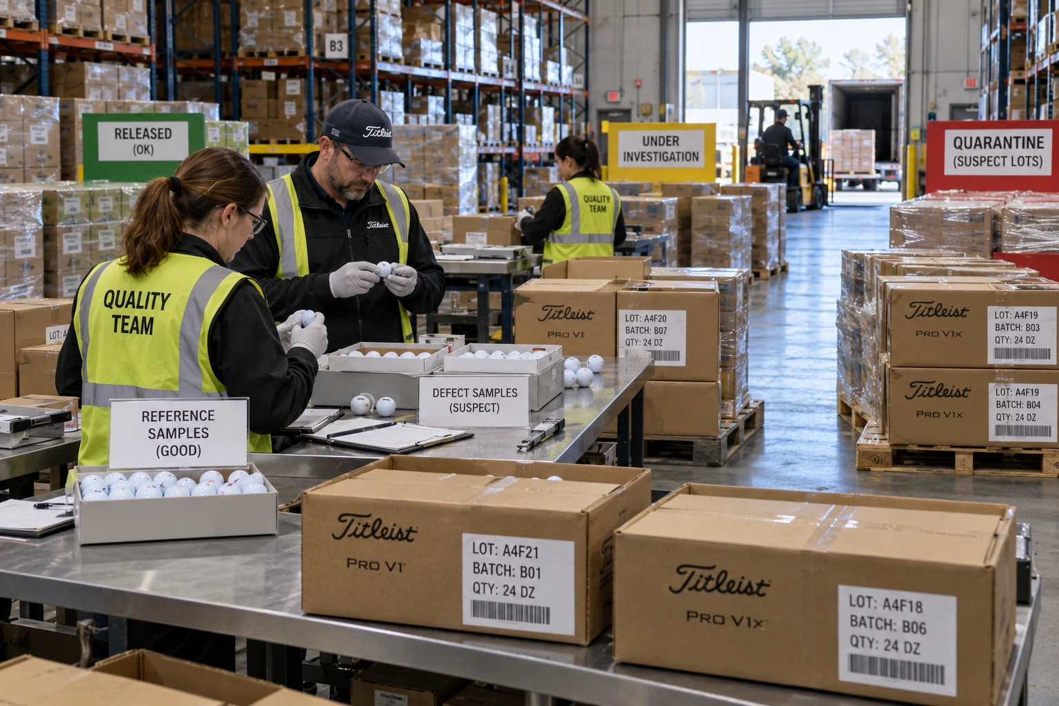 Golf Balls Quality Control Golf balls segregated in warehouse quarantine during quality control for bulk shipment inspection