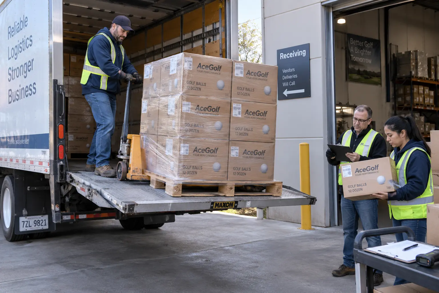 Golf Balls Bulk Wholesale bulk golf balls unloaded at warehouse receiving dock for wholesale distribution
