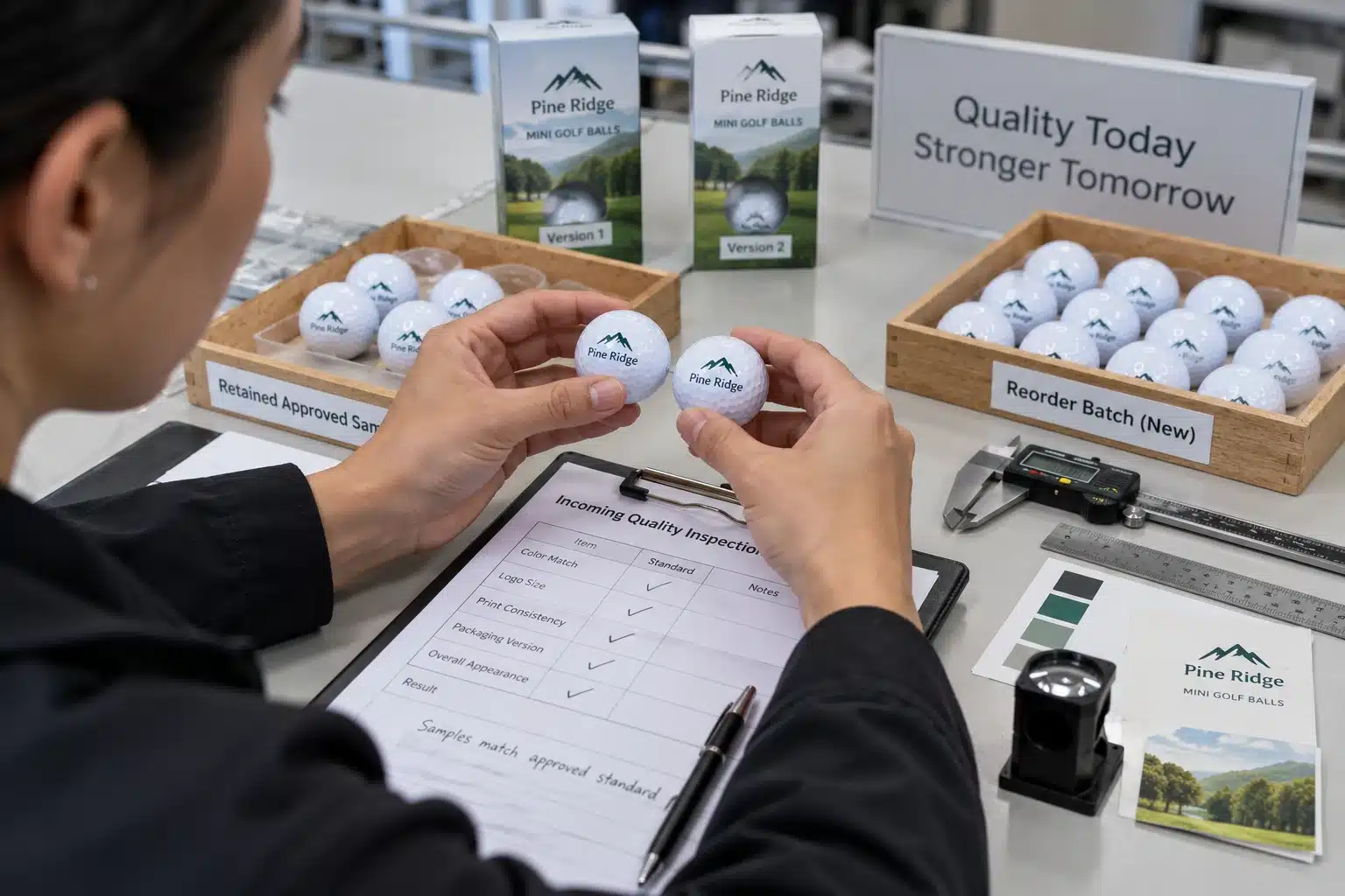 Custom Mini Golf Balls Inspection custom mini golf balls compared with retained samples during factory quality control inspection
