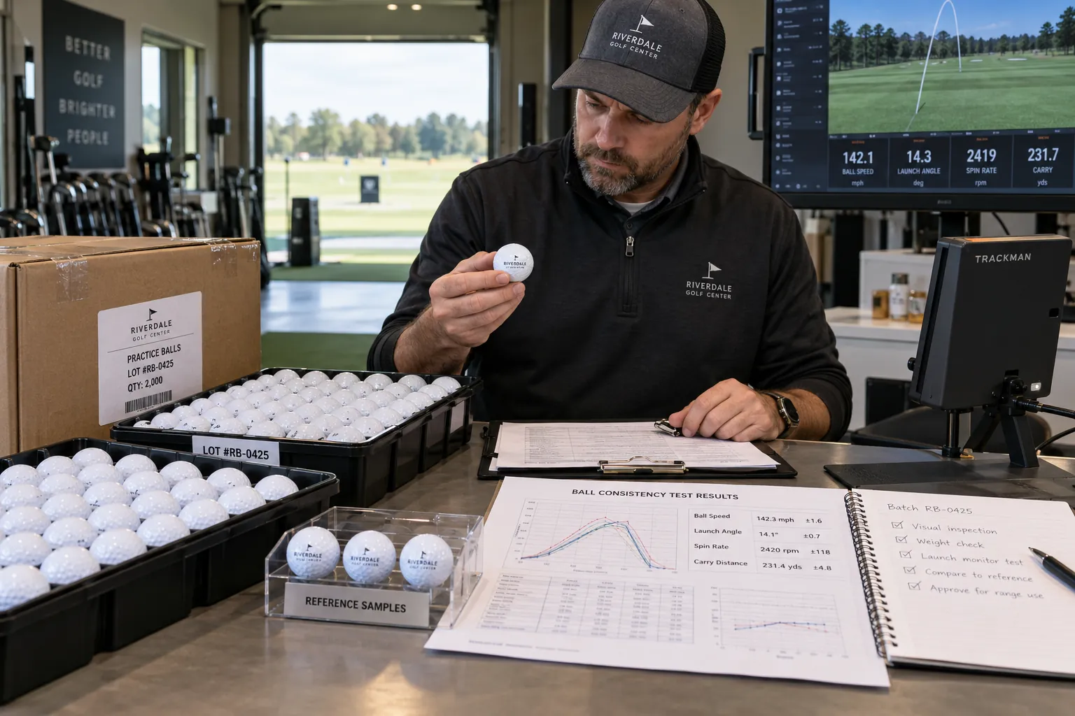 Range Golf Balls Quality Control Range golf balls batch-tested with launch monitor for quality control and bulk golf training supply