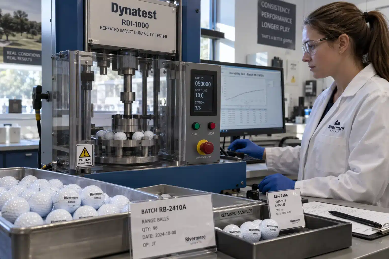Range Golf Balls Quality Control range golf balls undergoing manufacturer durability testing and quality control for bulk orders