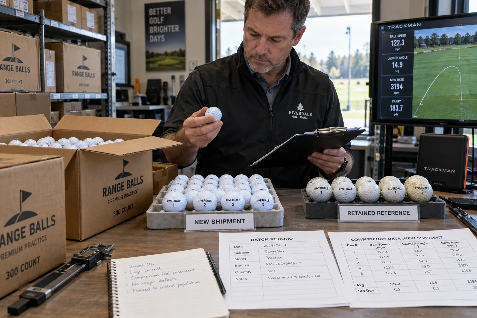 Range Golf Balls Quality Control Range golf balls undergo quality control inspection for bulk shipment consistency at warehouse
