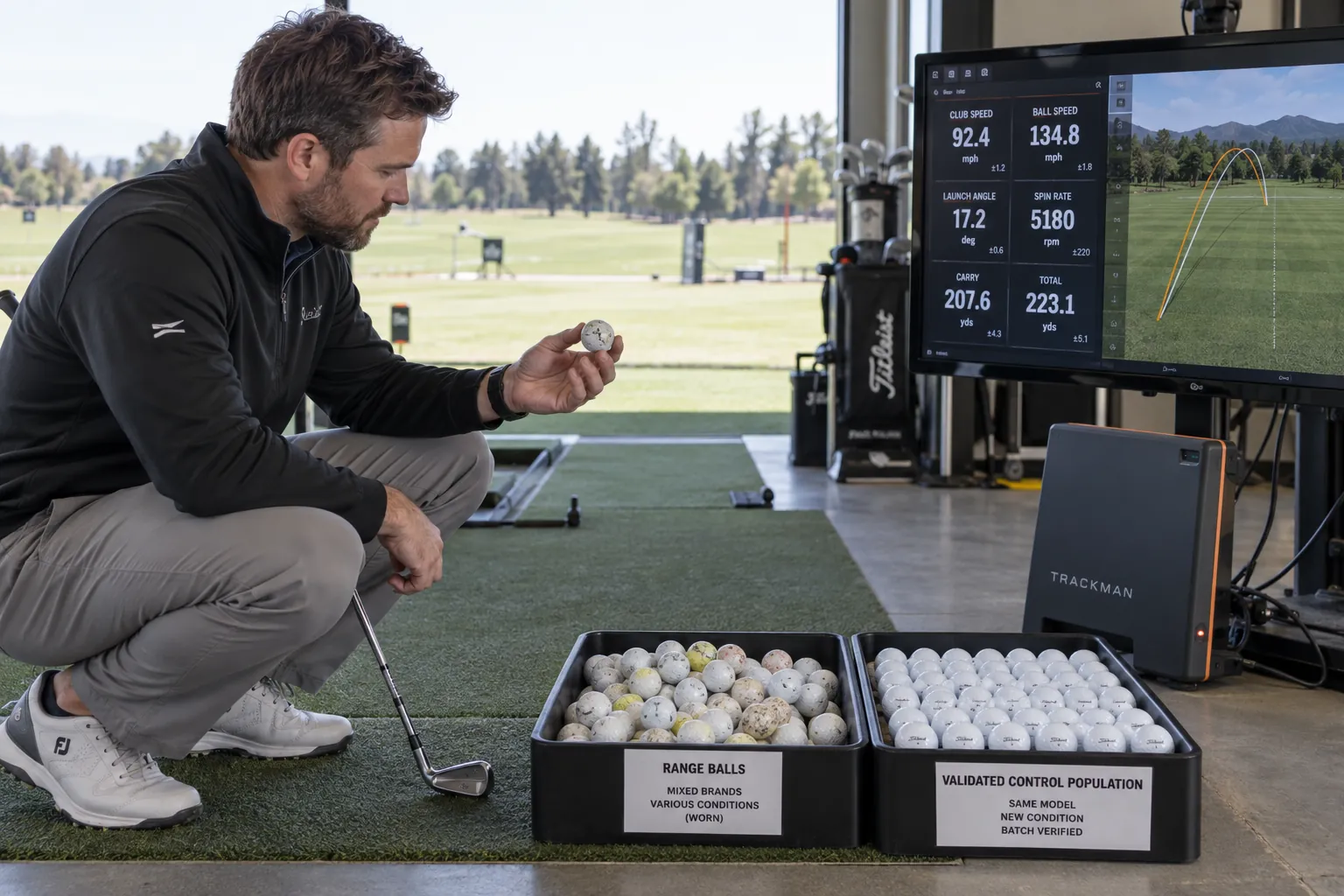 Range Golf Balls Quality Control Range golf balls undergo quality control testing with launch monitor for golf training buyers