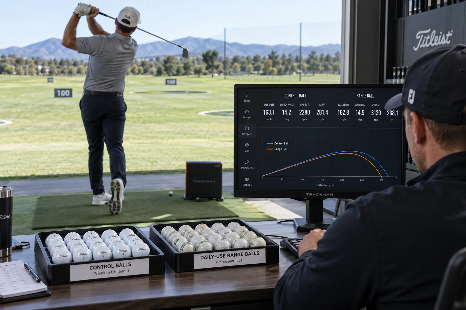Range Golf Balls Quality Control Range golf balls tested with launch monitor for quality control and golf training