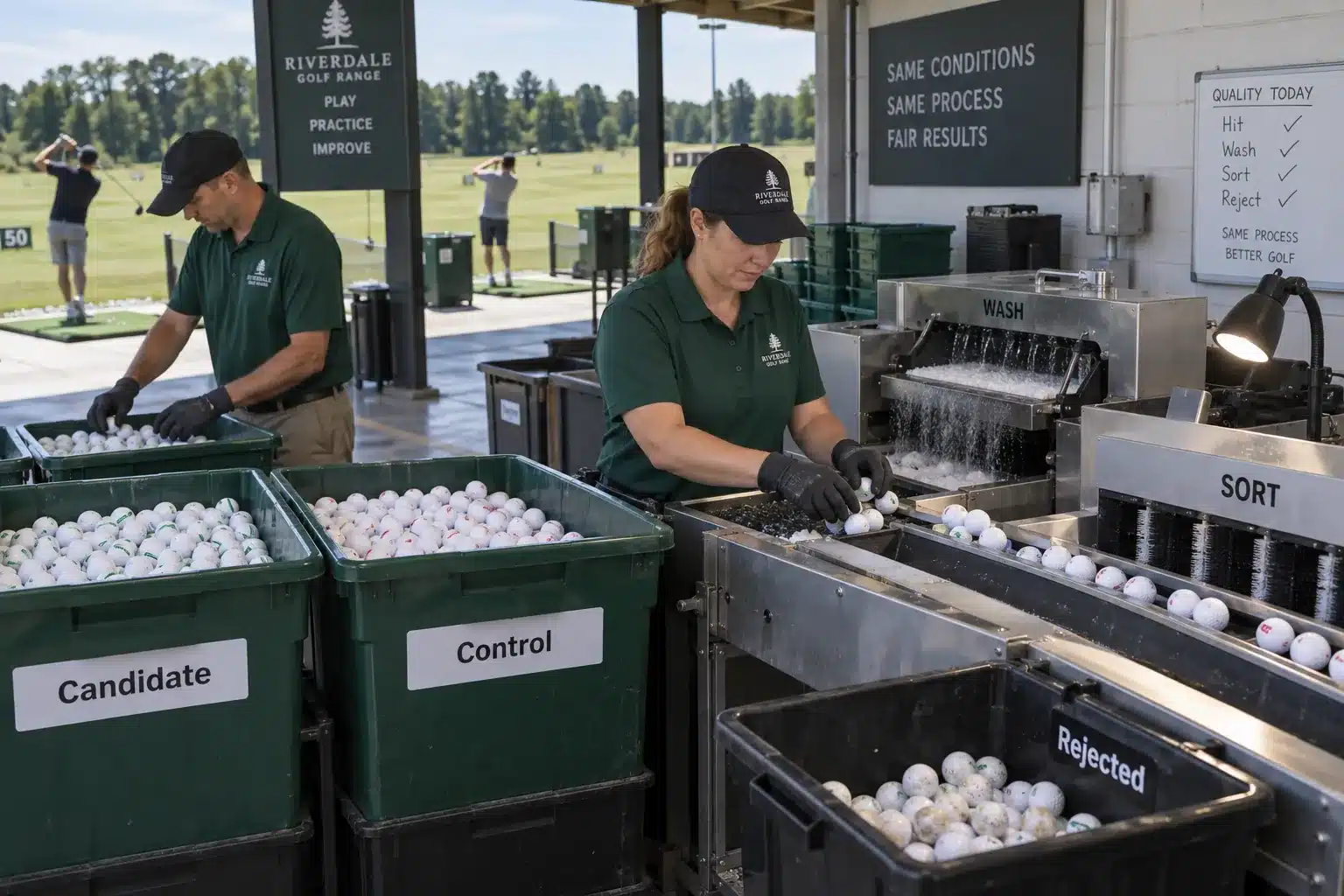 Range Golf Balls Quality Control range golf balls washed and sorted for quality control during bulk golf training operations