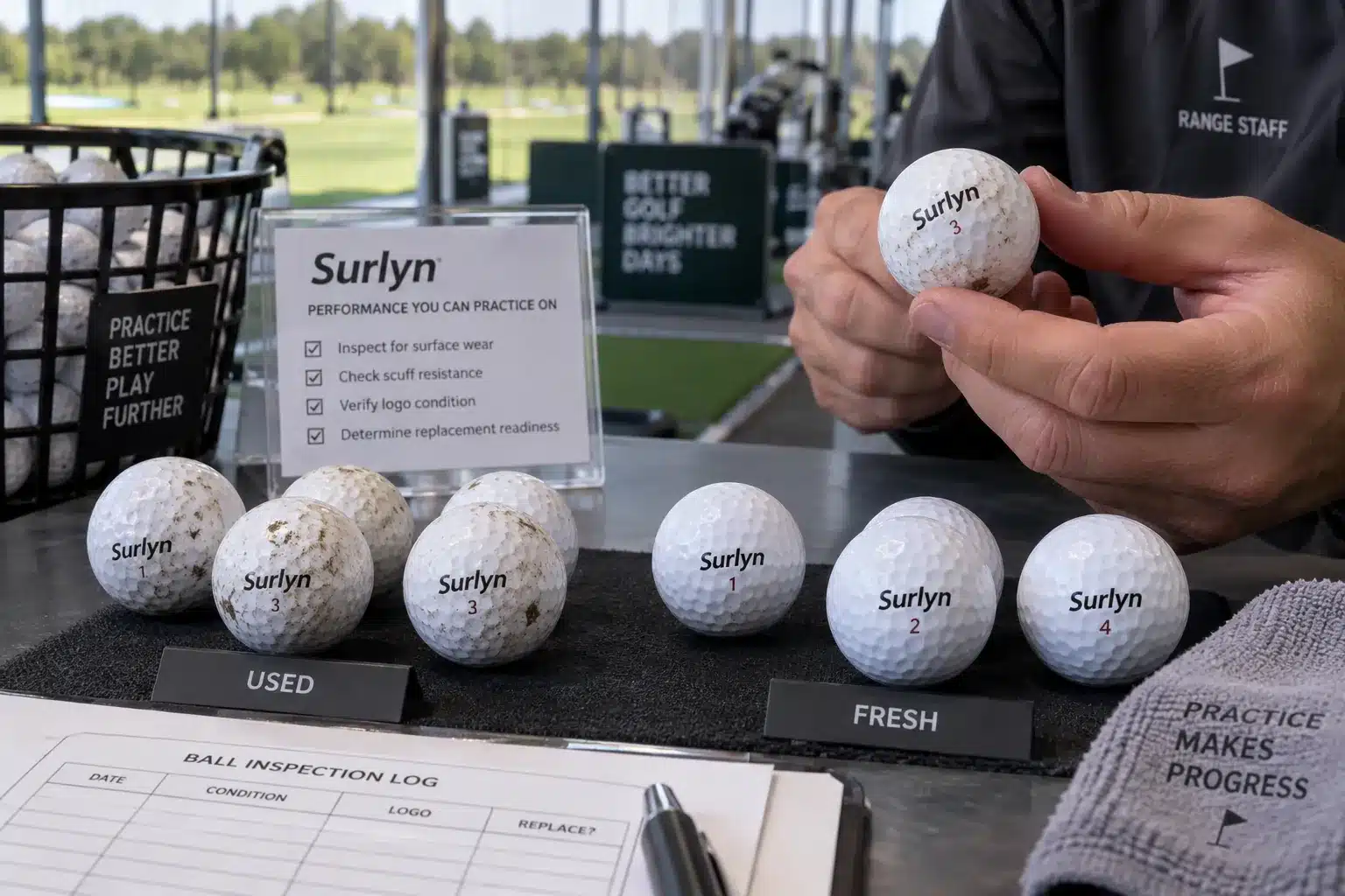 Range Golf Balls Quality Control range golf balls inspected for surface wear and quality control during bulk golf training