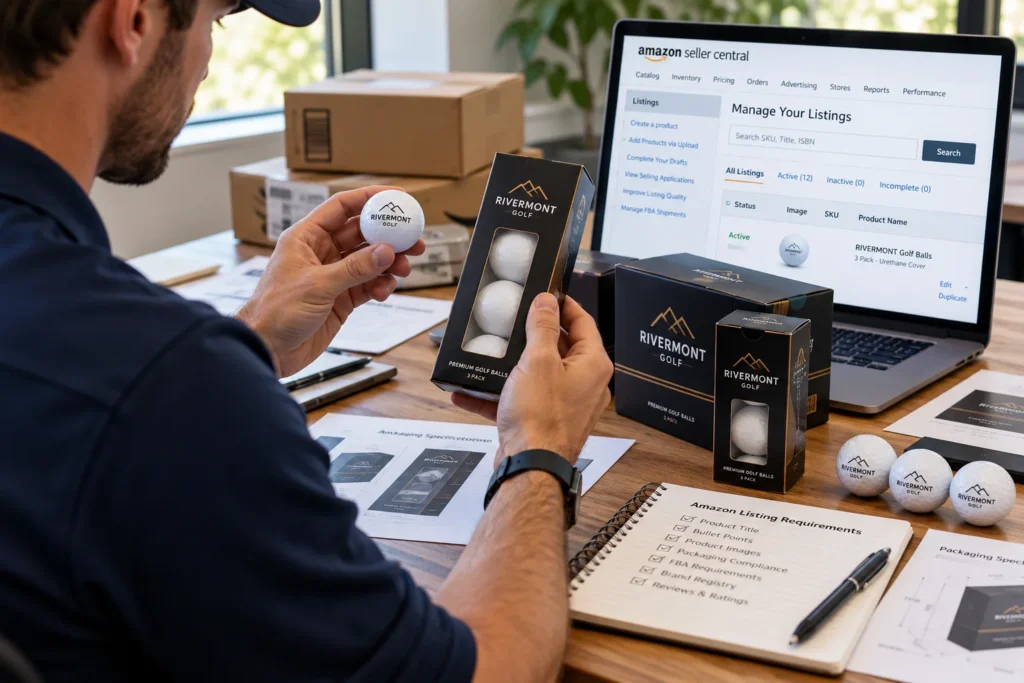 Branded golf balls reviewed for Amazon listing with custom packaging and OEM sourcing