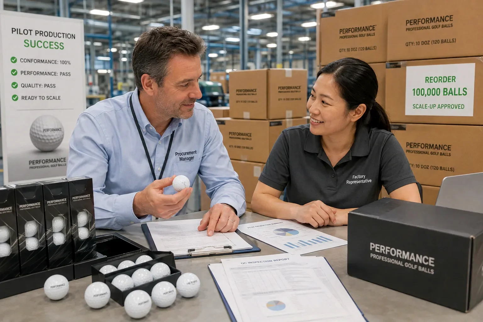 OEM Golf Balls Bulk Reorder OEM golf balls reviewed with factory representative for bulk reorder approval after pilot production