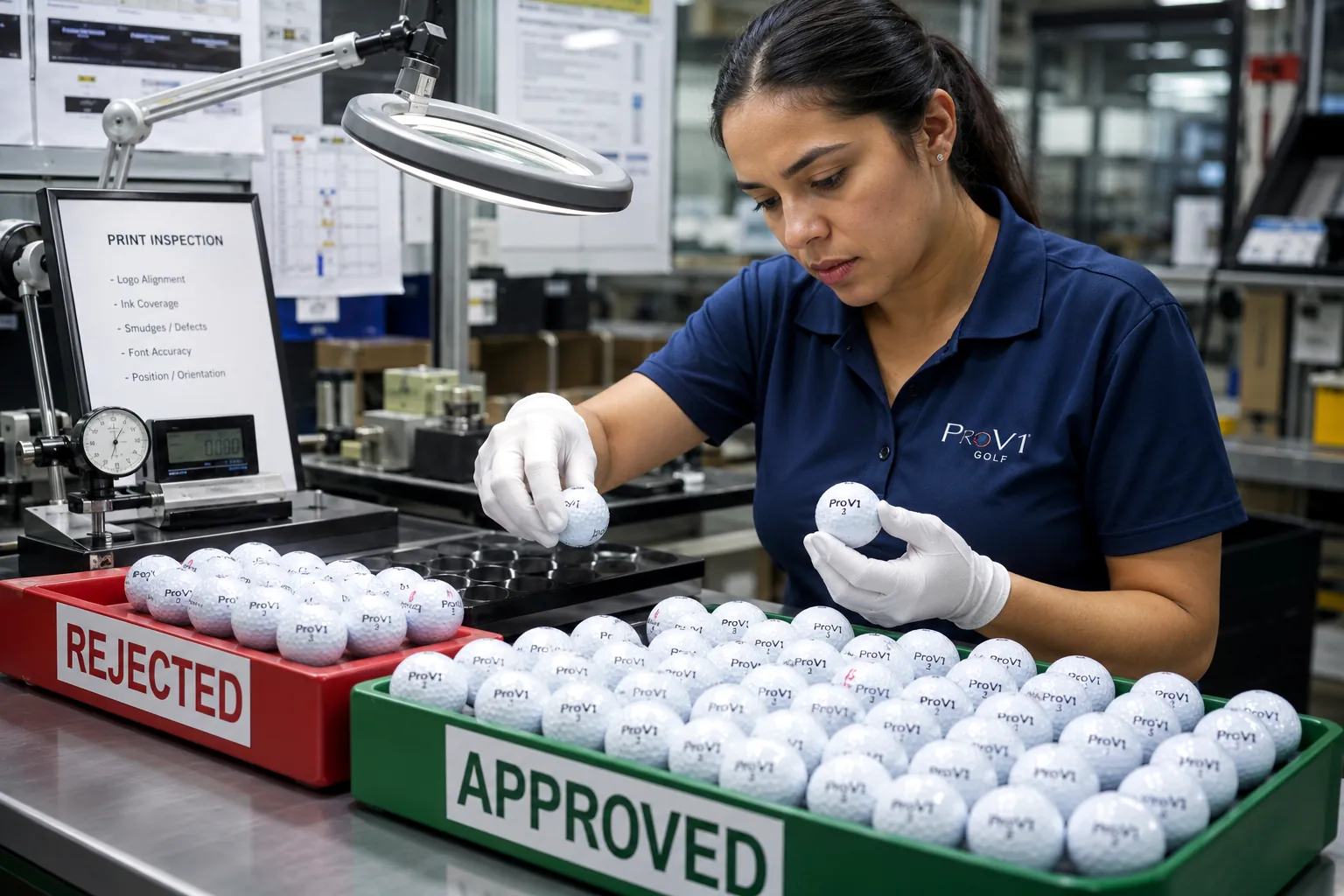 Printed Golf Balls Quality Control Printed golf balls inspected at factory for OEM quality control before bulk shipment